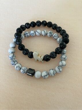 Black White Marbled Beaded Stretch Bracelet Set